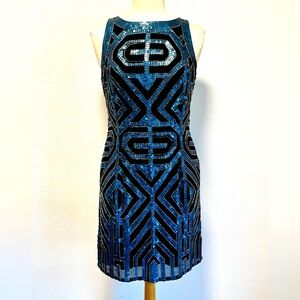 Vie la V Blue Chrysler Sequin Shift Cocktail Dress - Size 4